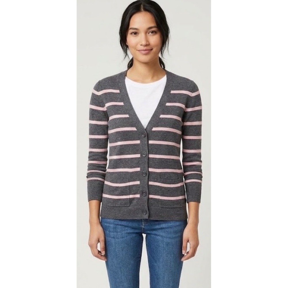 Ann Taylor LOFT Petites Striped V-Neck Cardigan Gray Pink XS Petite